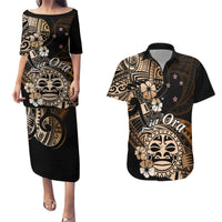 Aotearoa Kia Ora New Zealand Ta Moko Gold Version Couples Matching Puletasi Dress and Hawaiian Shirt LT01 Gold - Polynesian Pride