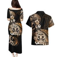 Aotearoa Kia Ora New Zealand Ta Moko Gold Version Couples Matching Puletasi Dress and Hawaiian Shirt LT01 - Polynesian Pride