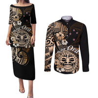 Aotearoa Kia Ora New Zealand Ta Moko Gold Version Couples Matching Puletasi Dress and Long Sleeve Button Shirt LT01 Gold - Polynesian Pride