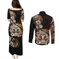 Aotearoa Kia Ora New Zealand Ta Moko Gold Version Couples Matching Puletasi Dress and Long Sleeve Button Shirt LT01 - Polynesian Pride