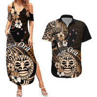 Aotearoa Kia Ora New Zealand Ta Moko Gold Version Couples Matching Summer Maxi Dress and Hawaiian Shirt LT01 Gold - Polynesian Pride