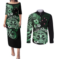 Aotearoa Kia Ora New Zealand Ta Moko Green Version Couples Matching Puletasi Dress and Long Sleeve Button Shirt LT01 Green - Polynesian Pride