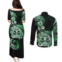 Aotearoa Kia Ora New Zealand Ta Moko Green Version Couples Matching Puletasi Dress and Long Sleeve Button Shirt LT01 - Polynesian Pride