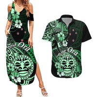 Aotearoa Kia Ora New Zealand Ta Moko Green Version Couples Matching Summer Maxi Dress and Hawaiian Shirt LT01 Green - Polynesian Pride