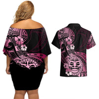 Aotearoa Kia Ora New Zealand Ta Moko Pink Version Couples Matching Off Shoulder Short Dress and Hawaiian Shirt LT01 - Polynesian Pride