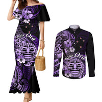 Aotearoa Kia Ora New Zealand Ta Moko Purple Version Couples Matching Mermaid Dress and Long Sleeve Button Shirt LT01 Purple - Polynesian Pride