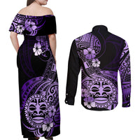 Aotearoa Kia Ora New Zealand Ta Moko Purple Version Couples Matching Off Shoulder Maxi Dress and Long Sleeve Button Shirt LT01 - Polynesian Pride