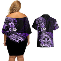 Aotearoa Kia Ora New Zealand Ta Moko Purple Version Couples Matching Off Shoulder Short Dress and Hawaiian Shirt LT01 - Polynesian Pride