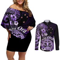 Aotearoa Kia Ora New Zealand Ta Moko Purple Version Couples Matching Off Shoulder Short Dress and Long Sleeve Button Shirt LT01 Purple - Polynesian Pride