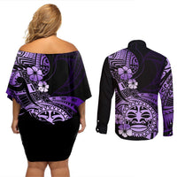 Aotearoa Kia Ora New Zealand Ta Moko Purple Version Couples Matching Off Shoulder Short Dress and Long Sleeve Button Shirt LT01 - Polynesian Pride