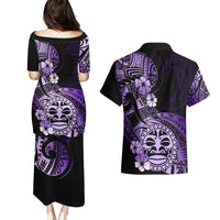 Aotearoa Kia Ora New Zealand Ta Moko Purple Version Couples Matching Puletasi Dress and Hawaiian Shirt LT01 - Polynesian Pride
