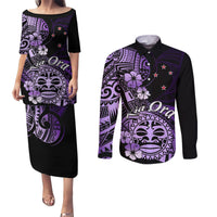 Aotearoa Kia Ora New Zealand Ta Moko Purple Version Couples Matching Puletasi Dress and Long Sleeve Button Shirt LT01 Purple - Polynesian Pride