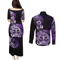 Aotearoa Kia Ora New Zealand Ta Moko Purple Version Couples Matching Puletasi Dress and Long Sleeve Button Shirt LT01 - Polynesian Pride