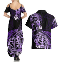 Aotearoa Kia Ora New Zealand Ta Moko Purple Version Couples Matching Summer Maxi Dress and Hawaiian Shirt LT01 - Polynesian Pride