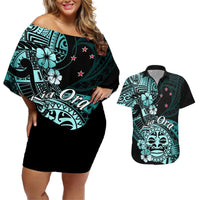 Aotearoa Kia Ora New Zealand Ta Moko Turquoise Version Couples Matching Off Shoulder Short Dress and Hawaiian Shirt LT01 Turquoise - Polynesian Pride