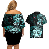 Aotearoa Kia Ora New Zealand Ta Moko Turquoise Version Couples Matching Off Shoulder Short Dress and Hawaiian Shirt LT01 - Polynesian Pride