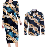Puakenikeni Maile Lei Couples Matching Long Sleeve Bodycon Dress and Long Sleeve Button Shirt Frangipani Blue Tropical Leaves LT01 Blue - Polynesian Pride