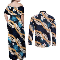 Puakenikeni Maile Lei Couples Matching Off Shoulder Maxi Dress and Long Sleeve Button Shirt Frangipani Blue Tropical Leaves