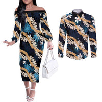 Puakenikeni Maile Lei Couples Matching Off The Shoulder Long Sleeve Dress and Long Sleeve Button Shirt Frangipani Blue Tropical Leaves LT01 Blue - Polynesian Pride