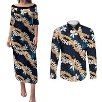 Puakenikeni Maile Lei Couples Matching Puletasi and Long Sleeve Button Shirt Frangipani Blue Tropical Leaves