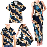 Puakenikeni Maile Lei Family Matching Tank Maxi Dress and Hawaiian Shirt Frangipani Blue Tropical Leaves LT01 - Polynesian Pride