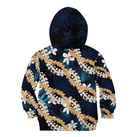 Puakenikeni Maile Lei Kid Hoodie Frangipani Blue Tropical Leaves