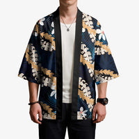 Puakenikeni Maile Lei Kimono Frangipani Blue Tropical Leaves