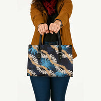 Puakenikeni Maile Lei Leather Bag Frangipani Blue Tropical Leaves