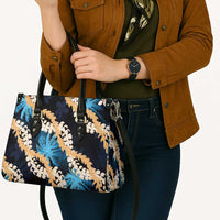 Puakenikeni Maile Lei Leather Bag Frangipani Blue Tropical Leaves