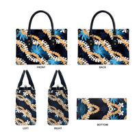 Puakenikeni Maile Lei Leather Bag Frangipani Blue Tropical Leaves
