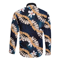 Puakenikeni Maile Lei Long Sleeve Button Shirt Frangipani Blue Tropical Leaves