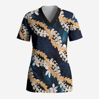 Puakenikeni Maile Lei Scrub Top Frangipani Blue Tropical Leaves