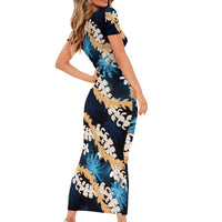 Puakenikeni Maile Lei Short Sleeve Bodycon Dress Frangipani Blue Tropical Leaves