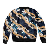 Puakenikeni Maile Lei Sleeve Zip Bomber Jacket Frangipani Blue Tropical Leaves