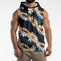 Puakenikeni Maile Lei Sleeveless Hoodie Frangipani Blue Tropical Leaves LT01 - Polynesian Pride