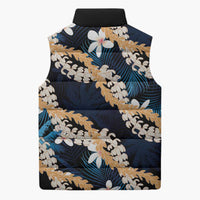 Puakenikeni Maile Lei Sleeveless Puffer Jacket Frangipani Blue Tropical Leaves