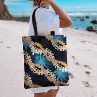 Puakenikeni Maile Lei Tote Bag Frangipani Blue Tropical Leaves