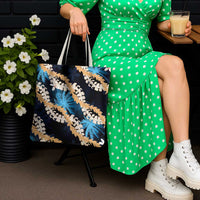 Puakenikeni Maile Lei Tote Bag Frangipani Blue Tropical Leaves