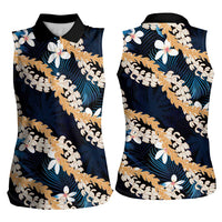 Puakenikeni Maile Lei Women Sleeveless Polo Shirt Frangipani Blue Tropical Leaves