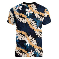 Puakenikeni Maile Lei Women V-Neck T-Shirt Frangipani Blue Tropical Leaves