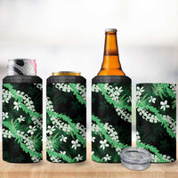 Puakenikeni Maile Lei 4 in 1 Can Cooler Tumbler Frangipani Green Tropical Leaves