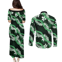 Puakenikeni Maile Lei Couples Matching Puletasi and Long Sleeve Button Shirt Frangipani Green Tropical Leaves