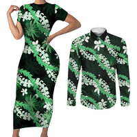 Puakenikeni Maile Lei Couples Matching Short Sleeve Bodycon Dress and Long Sleeve Button Shirt Frangipani Green Tropical Leaves LT01 Green - Polynesian Pride