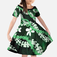Puakenikeni Maile Lei Family Matching Mermaid Dress and Hawaiian Shirt Frangipani Green Tropical Leaves LT01 Daughter's Dress Green - Polynesian Pride