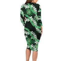 Puakenikeni Maile Lei Long Sleeve Bodycon Dress Frangipani Green Tropical Leaves