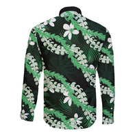 Puakenikeni Maile Lei Long Sleeve Button Shirt Frangipani Green Tropical Leaves