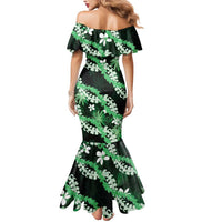 Puakenikeni Maile Lei Mermaid Dress Frangipani Green Tropical Leaves