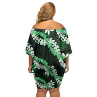 Puakenikeni Maile Lei Off Shoulder Short Dress Frangipani Green Tropical Leaves