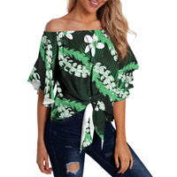 Puakenikeni Maile Lei Off Shoulder Wrap Waist Top Frangipani Green Tropical Leaves LT01 - Polynesian Pride