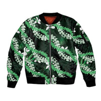 Puakenikeni Maile Lei Sleeve Zip Bomber Jacket Frangipani Green Tropical Leaves LT01 Unisex Green - Polynesian Pride